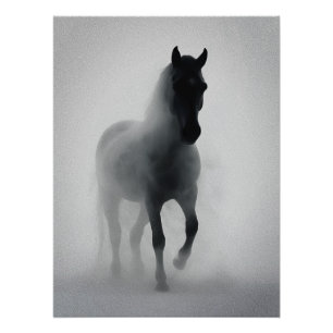 Póster Cavalo Negro Misterioso Emergindo da Névoa