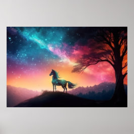 Poster Cavalo Negro na Paisagem de Montanha Vibrante