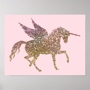 Póster Cavalo Pegasus Unicórnio Brilho Dourado da Moda