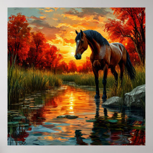 Poster Cavalo por Stream Sunset em Floresta de Outono
