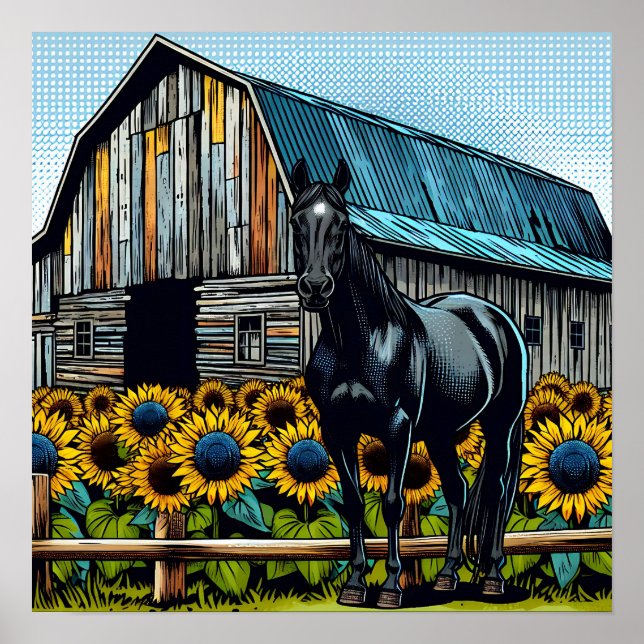 Poster Cavalo Preto Bonito e Celeiro Rústico com Girassói (Frente)