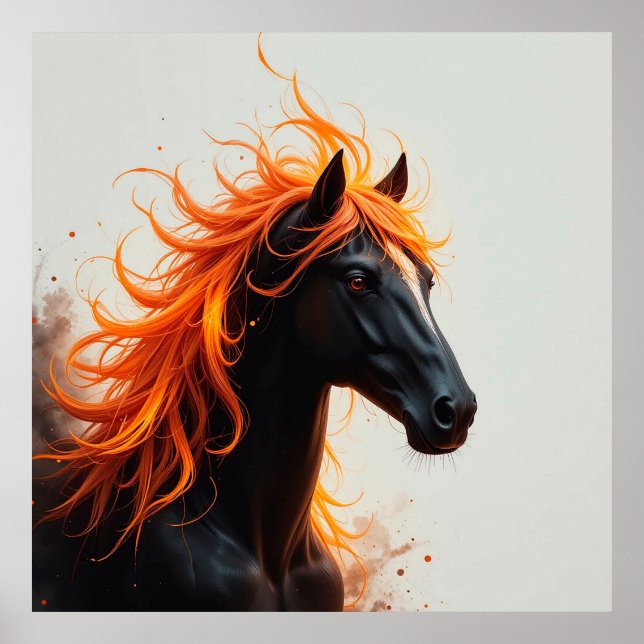 Poster Cavalo Preto com Crina Alaranjada Fluida (Frente)