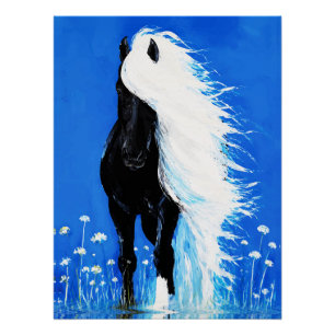 Póster Cavalo Preto Crina Branca Caminhando sobre a Água