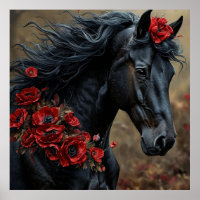 Cavalo Preto Decorado Com Flores Vermelhas Vibrant