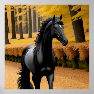 Poster Cavalo Preto em uma Caminho de Floresta de Outono