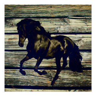 Póster Cavalo Preto Equestre Equestre de Madeira Equestre