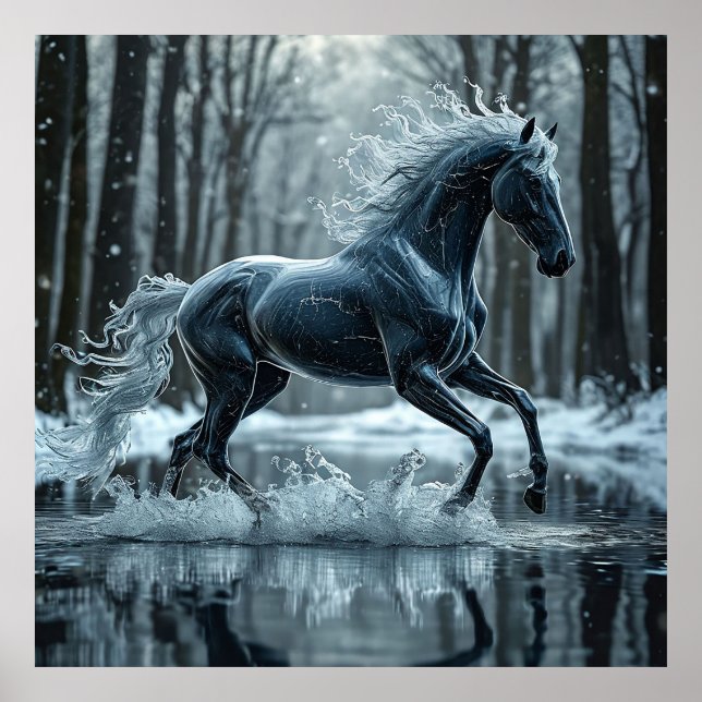 Poster Cavalo Preto Lindo Correndo Através da Água (Frente)
