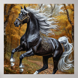 Poster Cavalo Preto Majestoso em uma Floresta de Outono