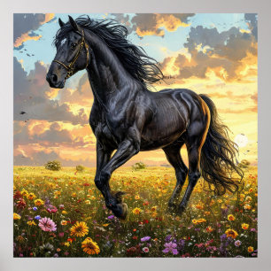 Poster Cavalo Preto Majestoso Galopando Através de um F V