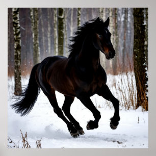 Poster Cavalo Preto Majestoso na neve