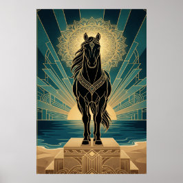 Poster Cavalo Preto Mandala Art Deco Pôr do Sol Turquesa 