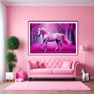 Poster Cavalo rosa místico numa floresta de fantasia