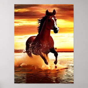 Poster Cavalo Selvagem Galopando Através da Arrebentação