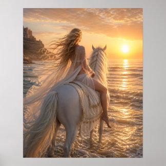 Poster Cavalo sonhador sem sela na praia ao pôr do sol