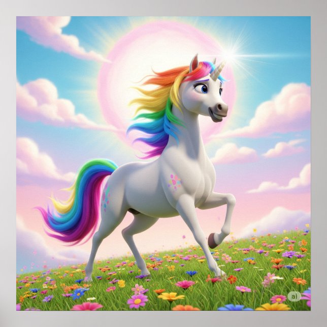 Poster Cavalo Unicórnio Arco-íris Mágico (Frente)