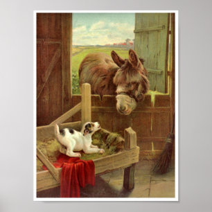 Poster Cavalo Vintage Cachorro no Celeiro na Fazenda