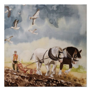 Póster Cavalos Arando Aquarela