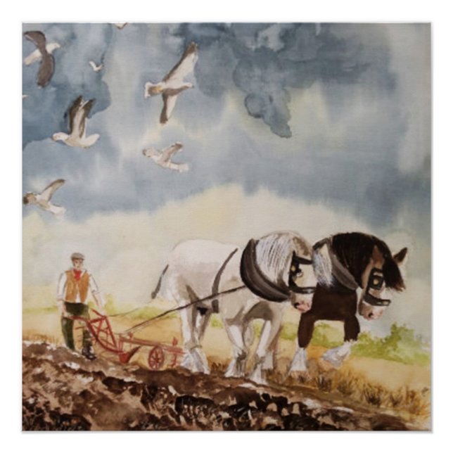 Póster Cavalos Arando Aquarela (Frente)