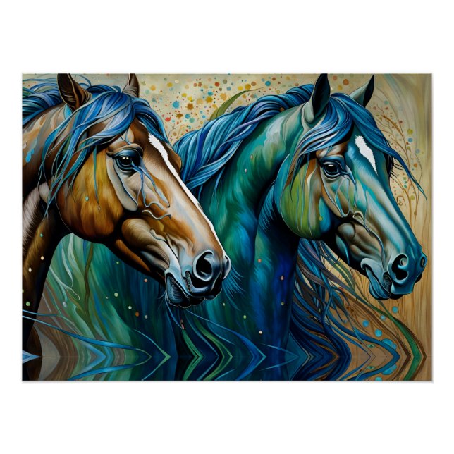 Póster Cavalos Azul Teal, castanho (Frente)