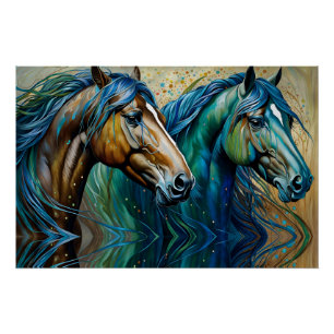 Póster Cavalos Azul Teal, castanho