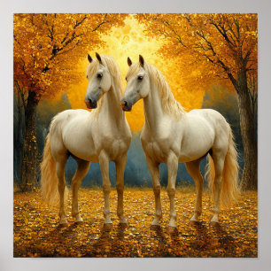 Poster Cavalos Brancos Paisagem Floresta Outono Romântico