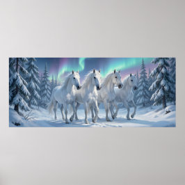 Poster Cavalos Brancos sob Aurora Boreal no Bosque de Inv