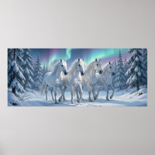 Poster Cavalos Brancos sob Aurora Boreal no Bosque de Inv