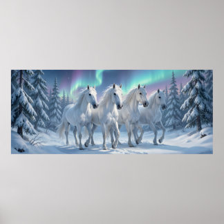 Poster Cavalos Brancos sob Aurora Boreal no Bosque de Inv