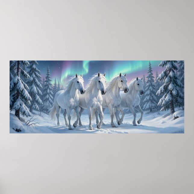 Poster Cavalos Brancos sob Aurora Boreal no Bosque de Inv (Frente)