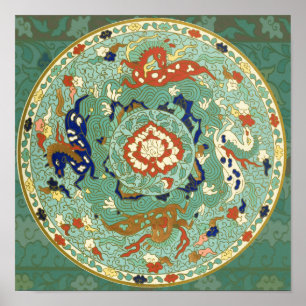 Póster Cavalos chineses do ar de mar da terra do verde