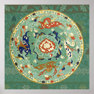 Póster Cavalos chineses do ar de mar da terra do verde