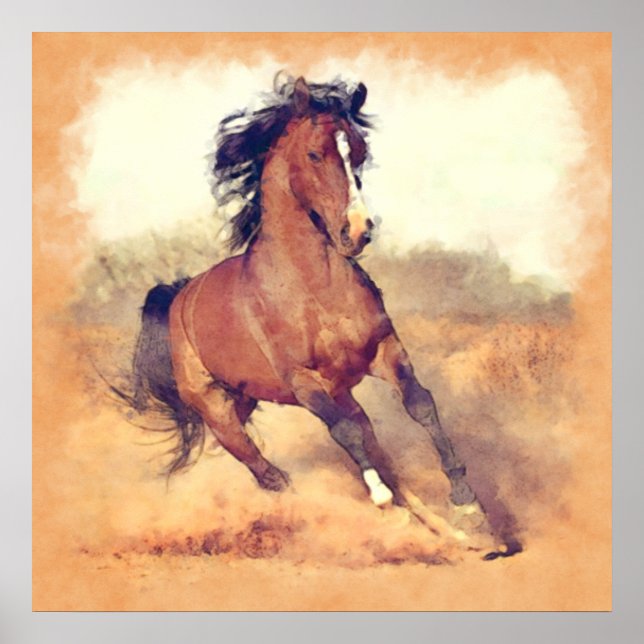 Poster Cavalos de Mustang Selvagem Embripeja Aquarela (Frente)