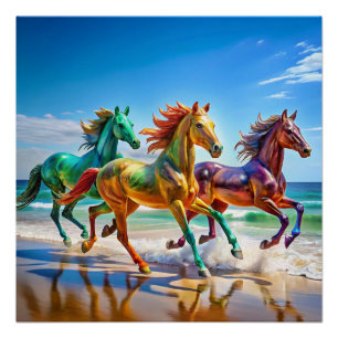 Póster Cavalos de Vidro Galopando em um Poster de Praia  