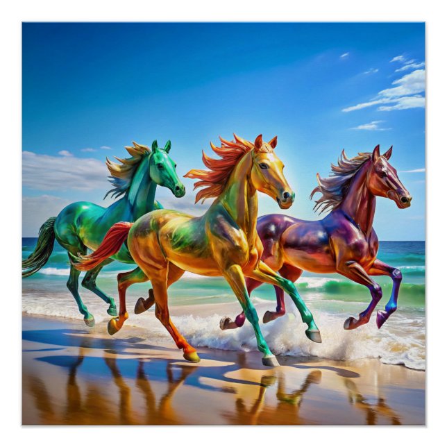 Póster Cavalos de Vidro Galopando em um Poster de Praia | (Frente)