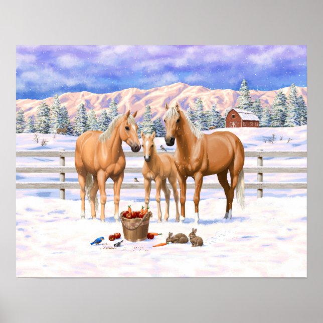 Poster Cavalos Do Quarto Palomino Na Neve De Inverno (Frente)
