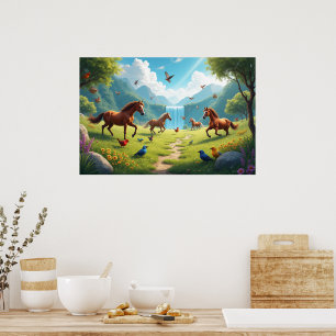 Poster Cavalos e Pássaros Brincalhões em Prado Exuberante