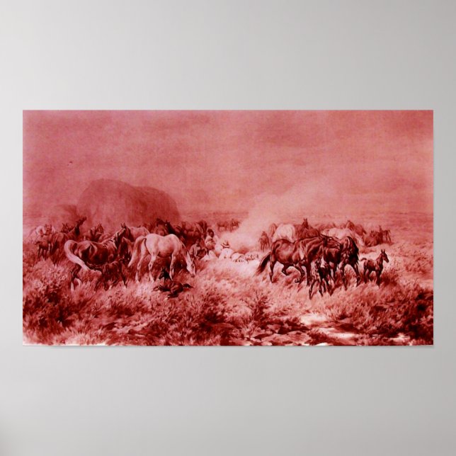 Póster CAVALOS GRAZANDO Cor-de-rosa vermelho antigo (Frente)
