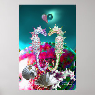 PÓSTER CAVALOS-MARINHOS APAIXONADOS, MÃE-PEROLA AZUL TEAL