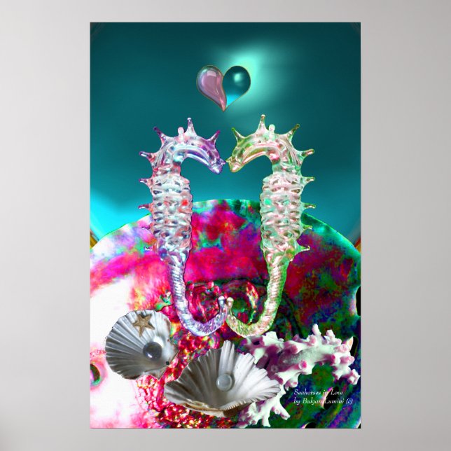 PÓSTER CAVALOS-MARINHOS APAIXONADOS, MÃE-PEROLA AZUL TEAL (Frente)
