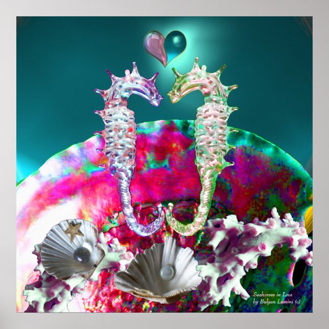 PÓSTER CAVALOS-MARINHOS APAIXONADOS, MÃE-PÉROLA ROSA AZUL (Frente)