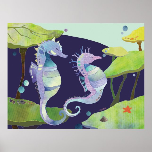 Póster Cavalos-Marinhos Azuis Roxos Sob o Mar (Frente)