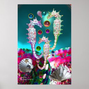 PÓSTER CAVALOS-MARINHOS, ROSA TEAL AZUL MÃE DE PÉROLA