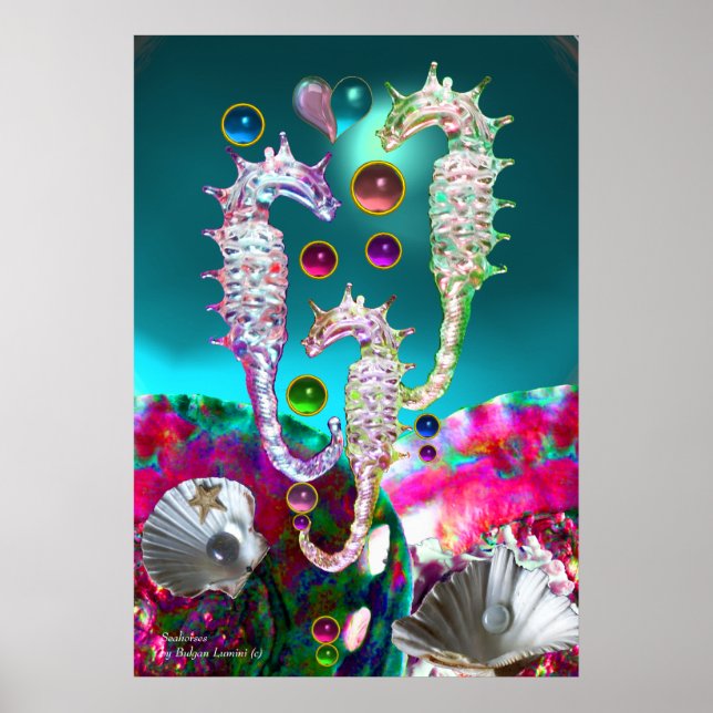 PÓSTER CAVALOS-MARINHOS, ROSA TEAL AZUL MÃE DE PÉROLA (Frente)