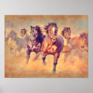 Poster Cavalos Mustang Selvagens Estampam Aquarela
