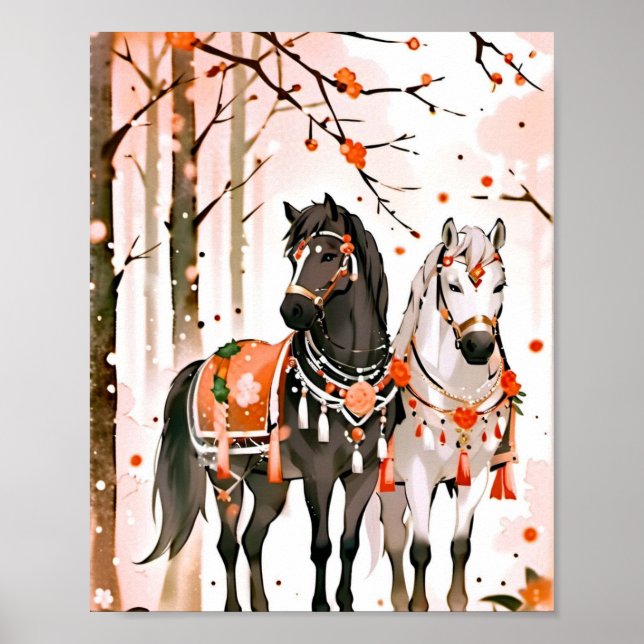 Poster Cavalos numa Floresta Vermelha (Frente)
