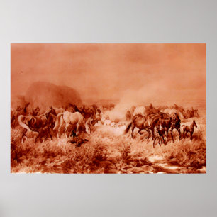 Poster CAVALOS PASTANDO Vermelho Marrom Rosa Antigo