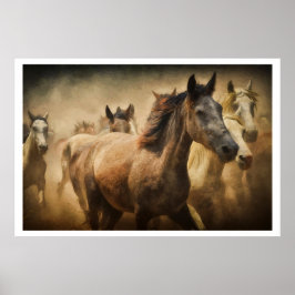 Poster Cavalos Selvagens Correndo: Arte Rústica Ocidental