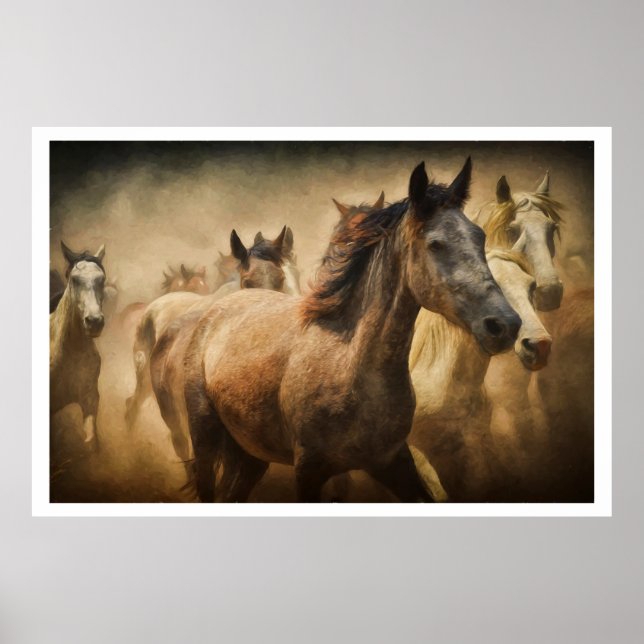 Poster Cavalos Selvagens Correndo: Arte Rústica Ocidental (Frente)