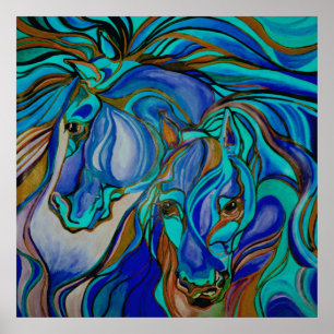 Póster Cavalos Selvagens em Castanho e Teal