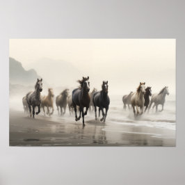 Poster Cavalos selvagens numa praia embaçada